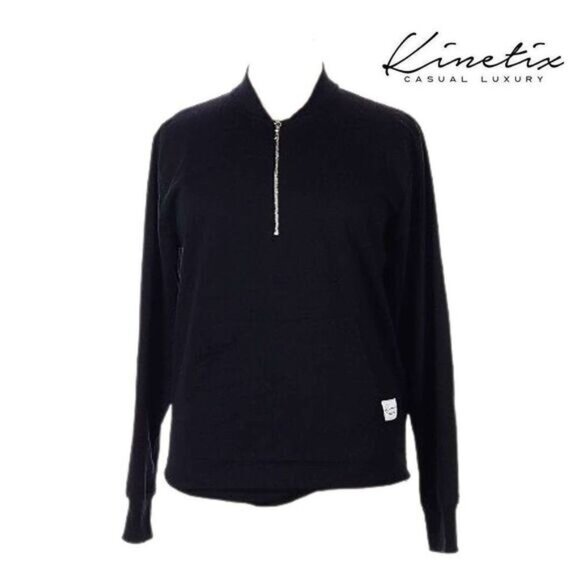 Black Half Zip Pullover‎ Long Sleeve Sweatshirt Quarter Zip Sweater - Picture 1 of 7